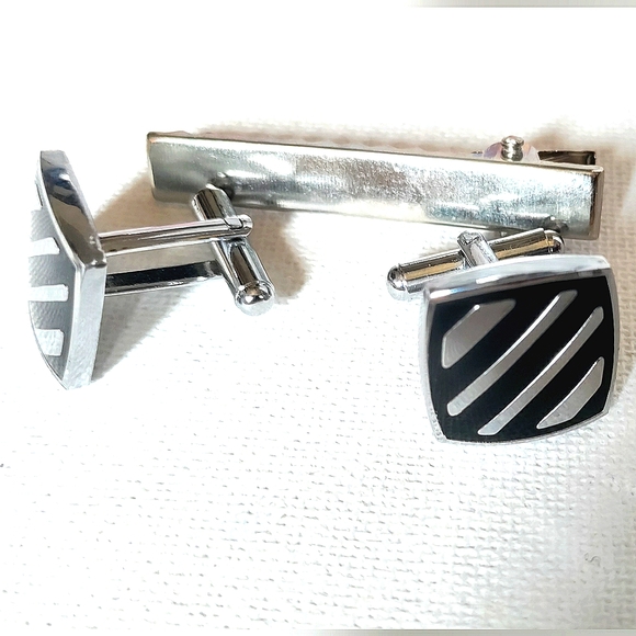 NEW 3pc. Cufflinks: "Striped" Stainless Steel/Enamel & Tie Bar. Bullet Back - Picture 5 of 8